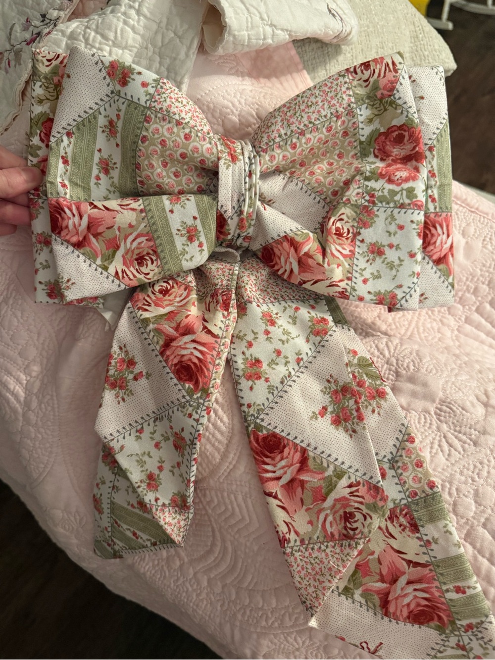 Floral Patchwork Fabric Bow - Pink & Cream